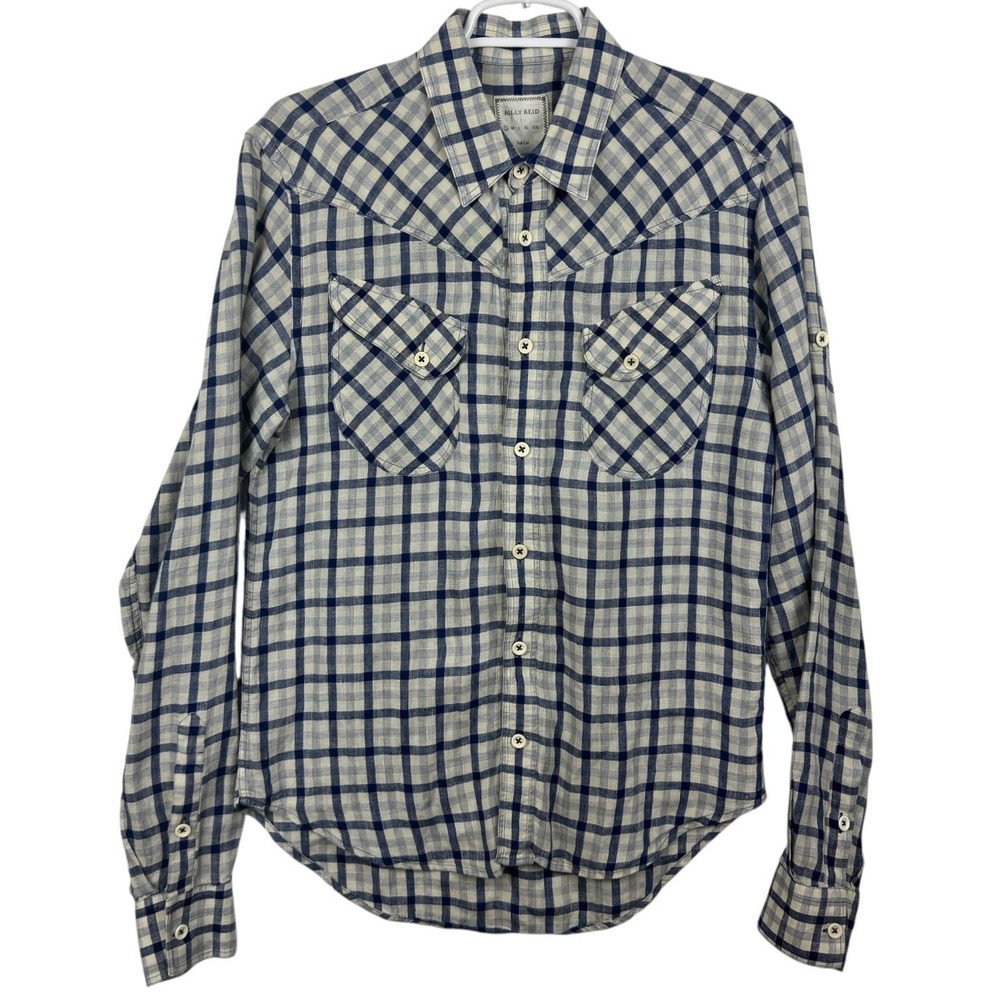 Billy Reid Mens Plaid Western Shirt Blue Cream Linen Button Up Full Cut